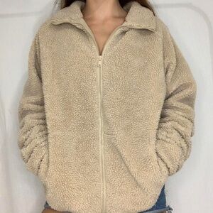 Brandy Melville Beige Teddy Zip-Up Jacket